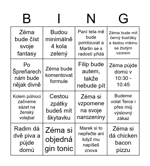 Bingo dneska večer Bingo Card