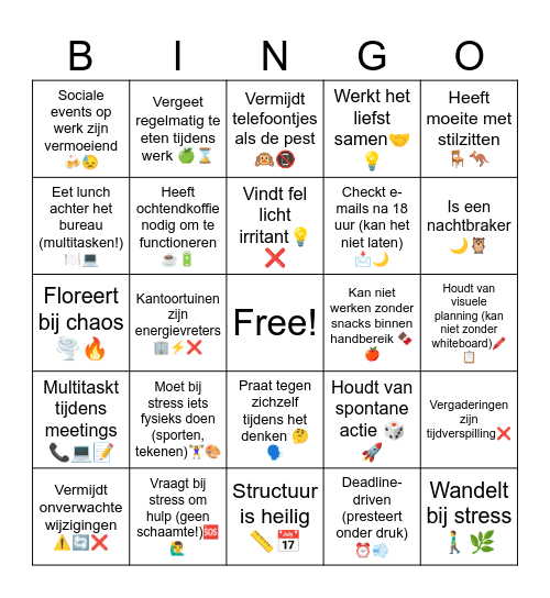 WerkVoorkeurBingo Card