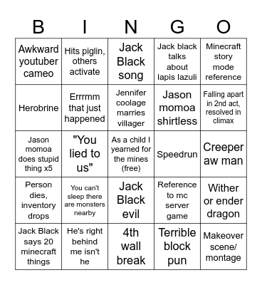 A Minecraft Movie Bingo Card