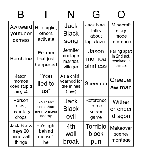 A Minecraft Movie Bingo Card