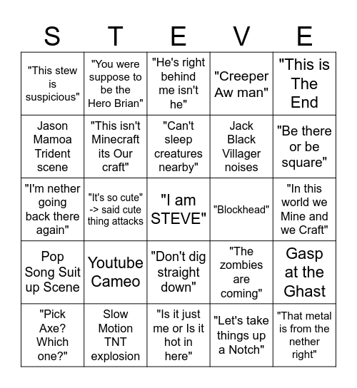 The Minecrap movie bingo Card