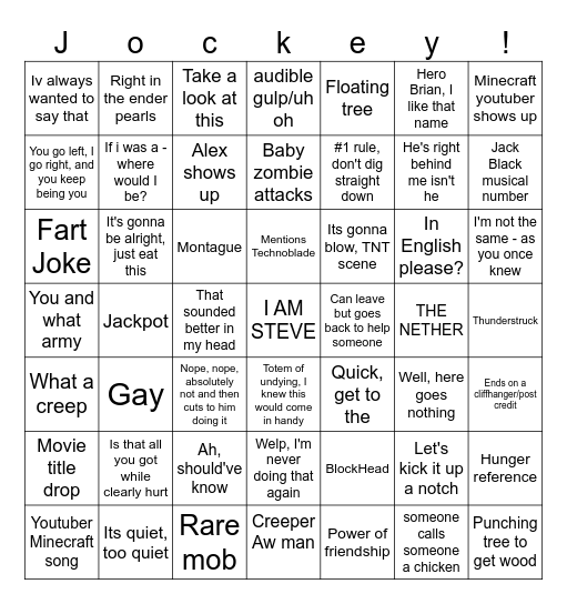 Minecraft Movie Bingo Card