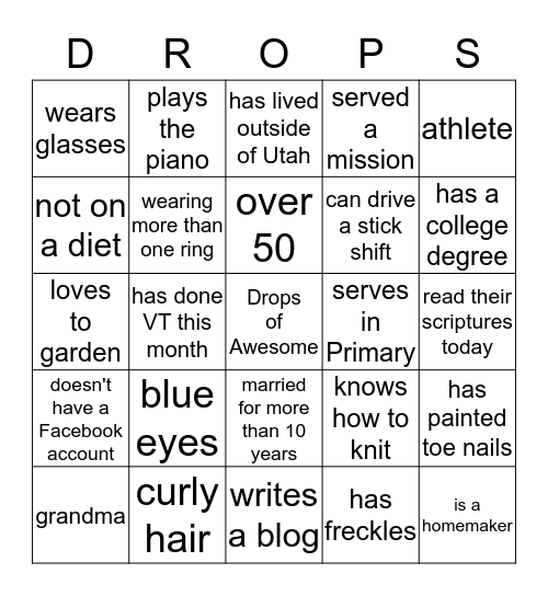 Drops of Awesome Bingo Card