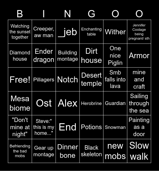 Minecraft movie Bingo Card