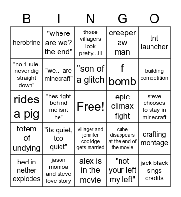 Minecraft movie Bingo Card