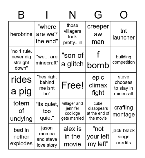 Minecraft movie Bingo Card