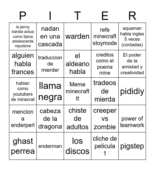 Minecraft Movie Bingo Card