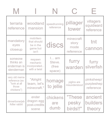 minecraft movie bingo Card