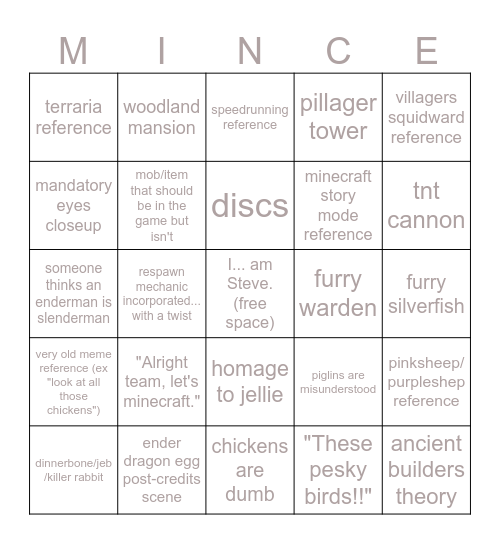 minecraft movie bingo Card
