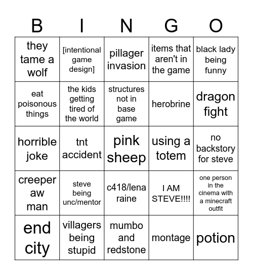 minecraft movie Bingo Card