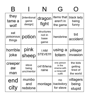minecraft movie Bingo Card