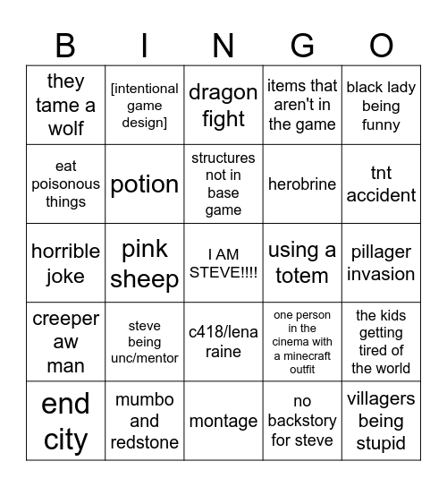 minecraft movie Bingo Card