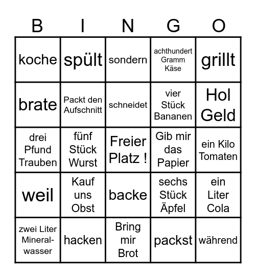 Verben zum Kochen & Weights and Measures Bingo Card