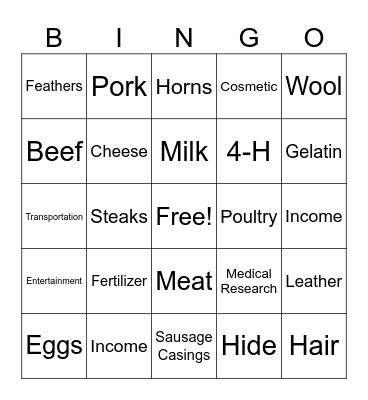 Animal By-Products Bingo Card