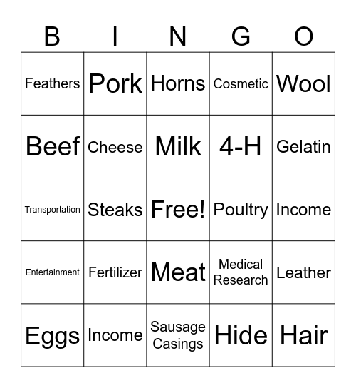 Animal By-Products Bingo Card