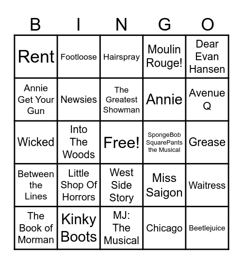 Broadway Musicals Bingo Card