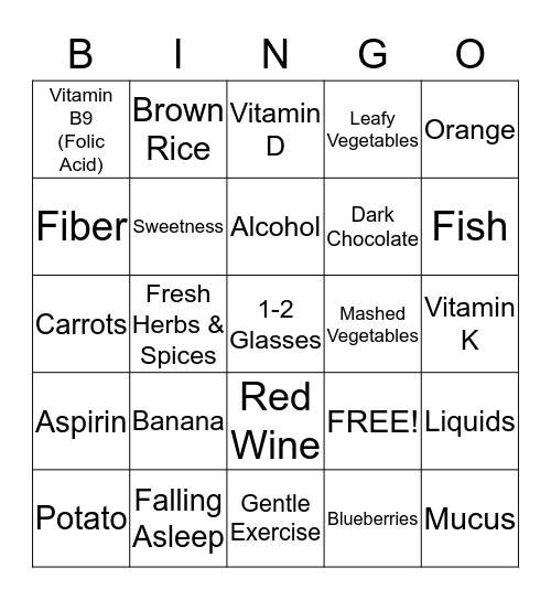 Nutrition Bingo  Bingo Card