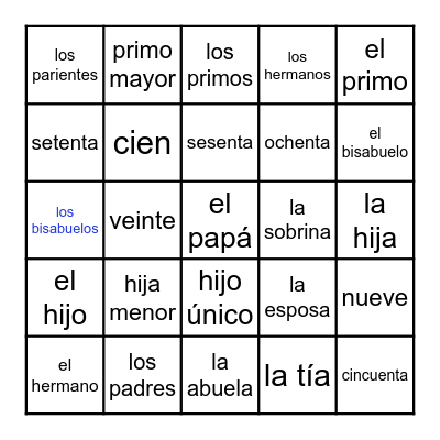 La familia y Los numeros Bingo Card