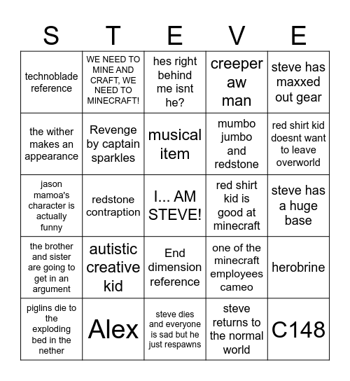 MINECRAFT MOVIE BINGO Card