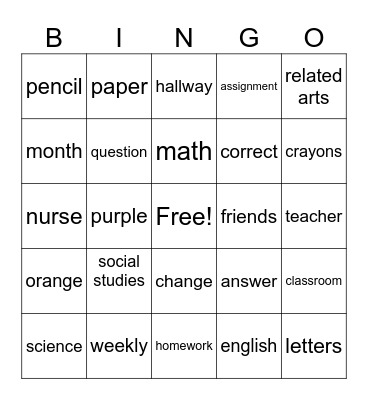 English Words to Know Bingo Card