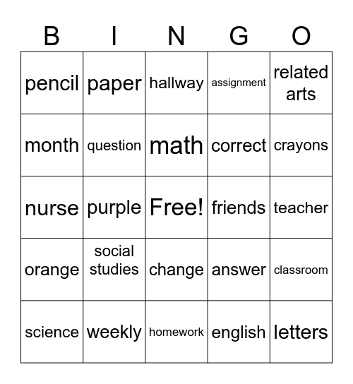 English Words to Know Bingo Card
