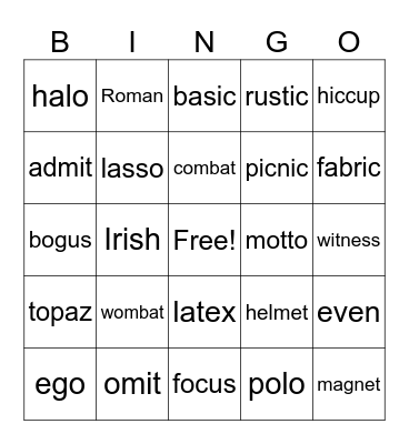 Open and Closed Syllables Bingo Card