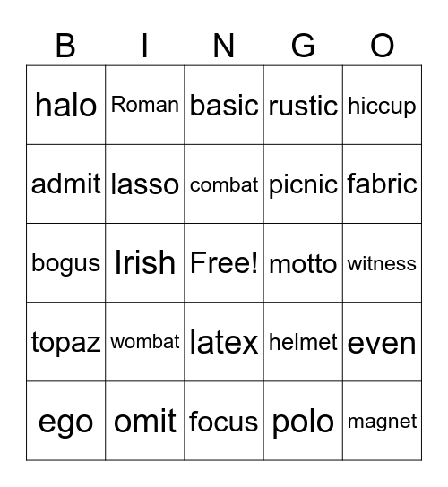 Open and Closed Syllables Bingo Card