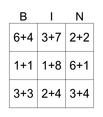 Addition Bingo Card