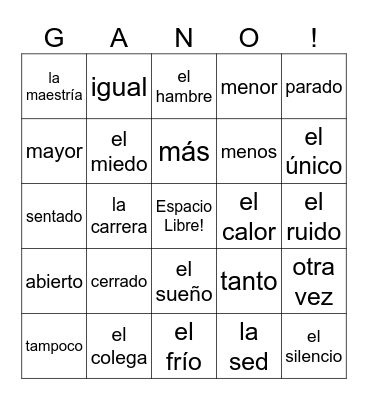 Spanish 1 - Vocab 6A Bingo Card