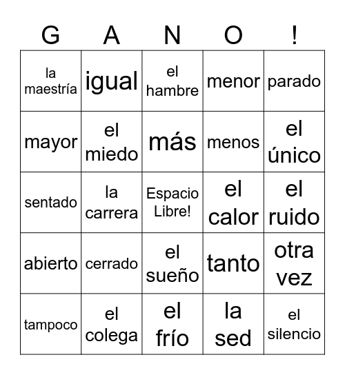 Spanish 1 - Vocab 6A Bingo Card