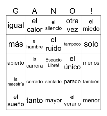 Spanish 1 - Vocab 6A Bingo Card