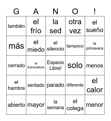 Spanish 1 - Vocab 6A Bingo Card