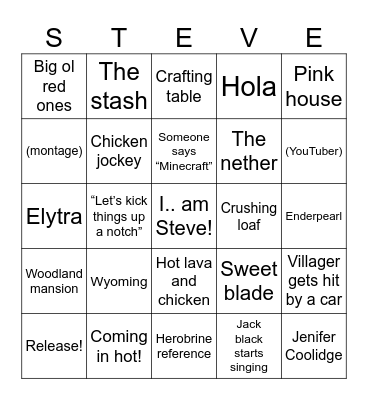 Minecraft movie bingo Card