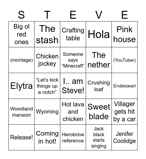 Minecraft movie bingo Card
