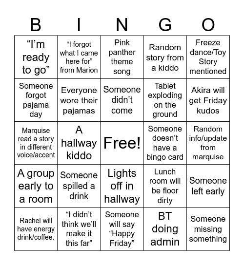 Friday Bingo Card