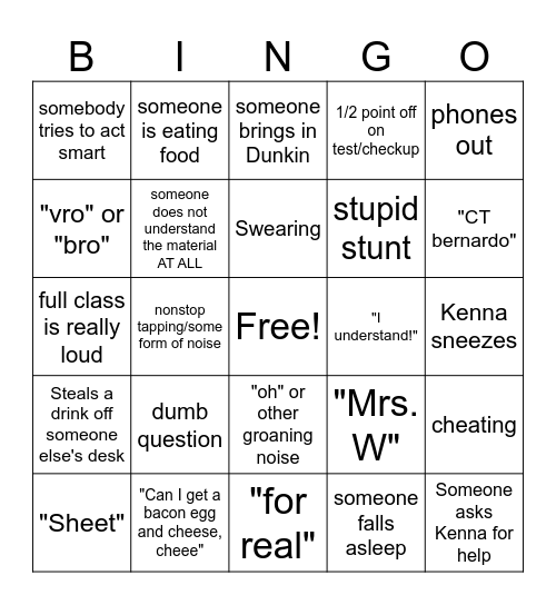 Math class bingo card