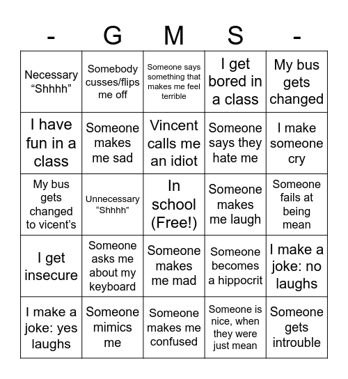 Goshen Middle School Bingo Card