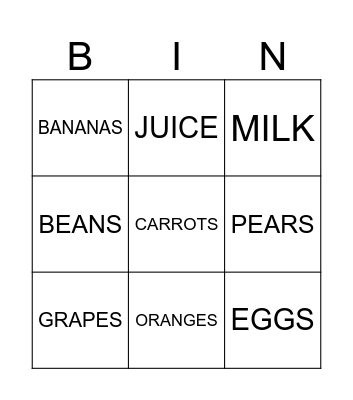 Food Bingo Card