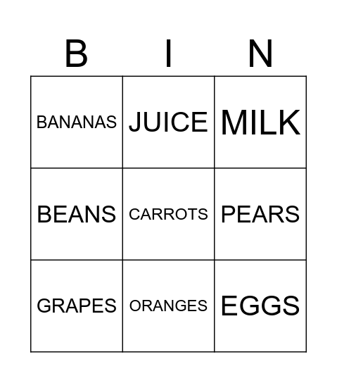 Food Bingo Card
