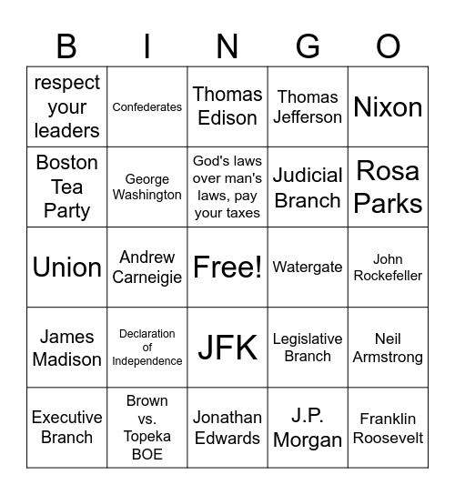 American History Bingo Card