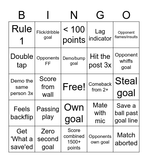 Rocket League Bingo Card