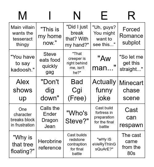 Minecraft Movie Bingo Card