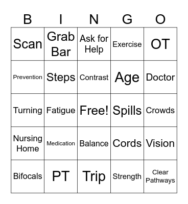 Fall Prevention Bingo Card