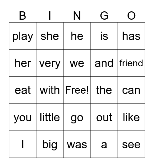 High Frequency Words Bingo Card