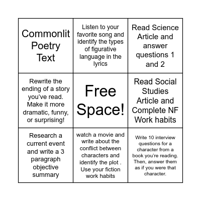 Spring Break Bingo Card