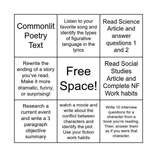 Spring Break Bingo Card