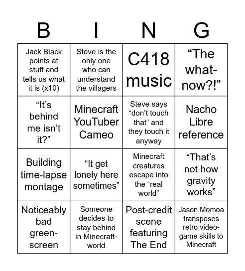 Minecraft Movie Bingo Card