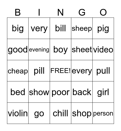 ch, sh, p, b, v, g sounds Bingo Card