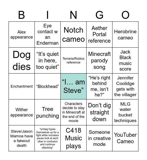 A Minecraft Movie Bingo Card
