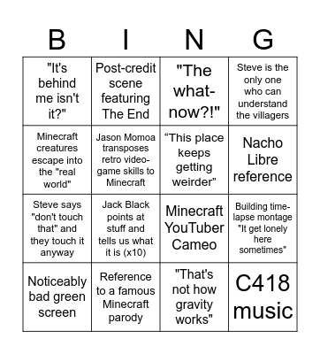 Minecraft Movie Bingo Card